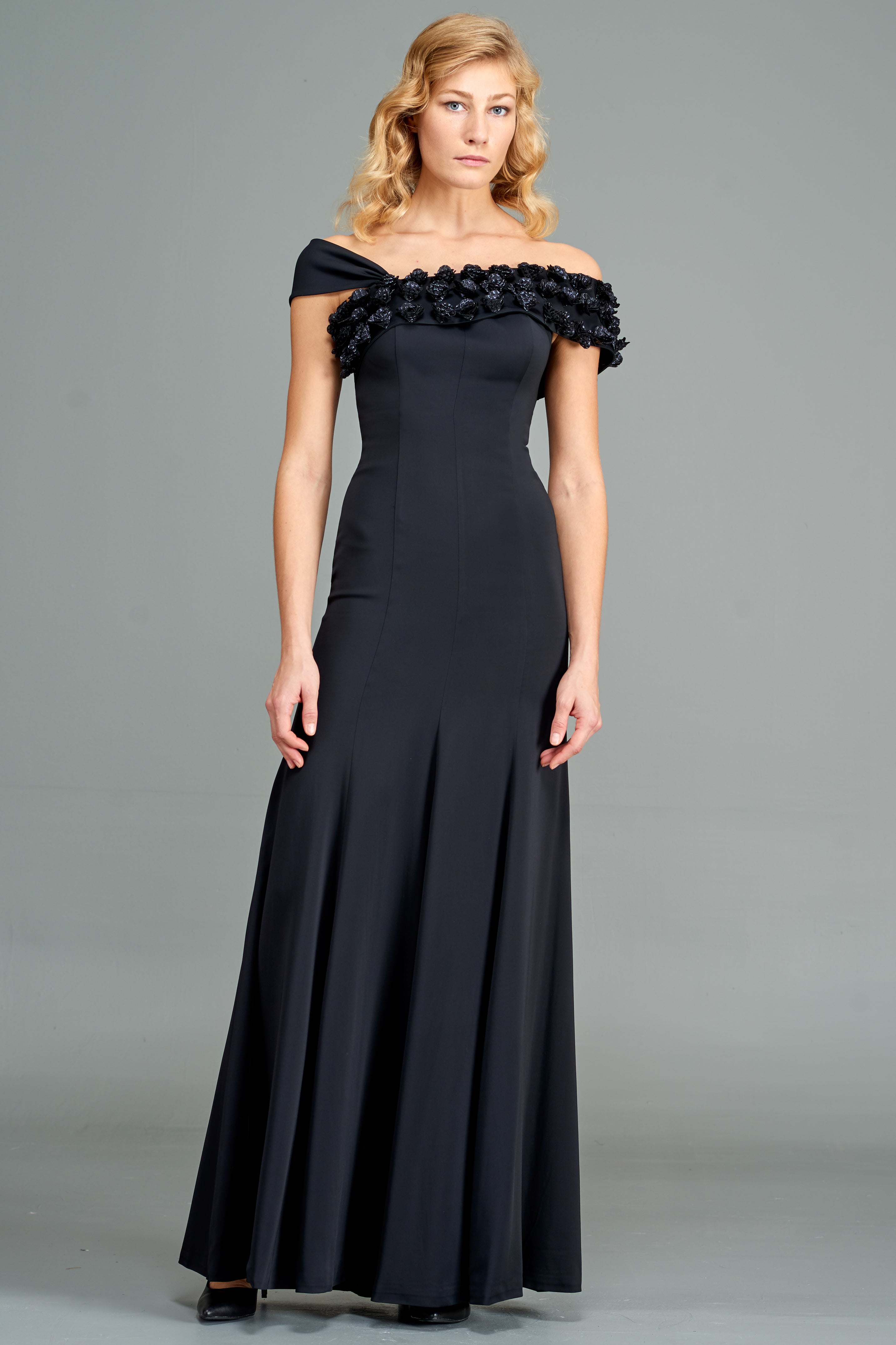 Black Rose Applique Crepe Dress