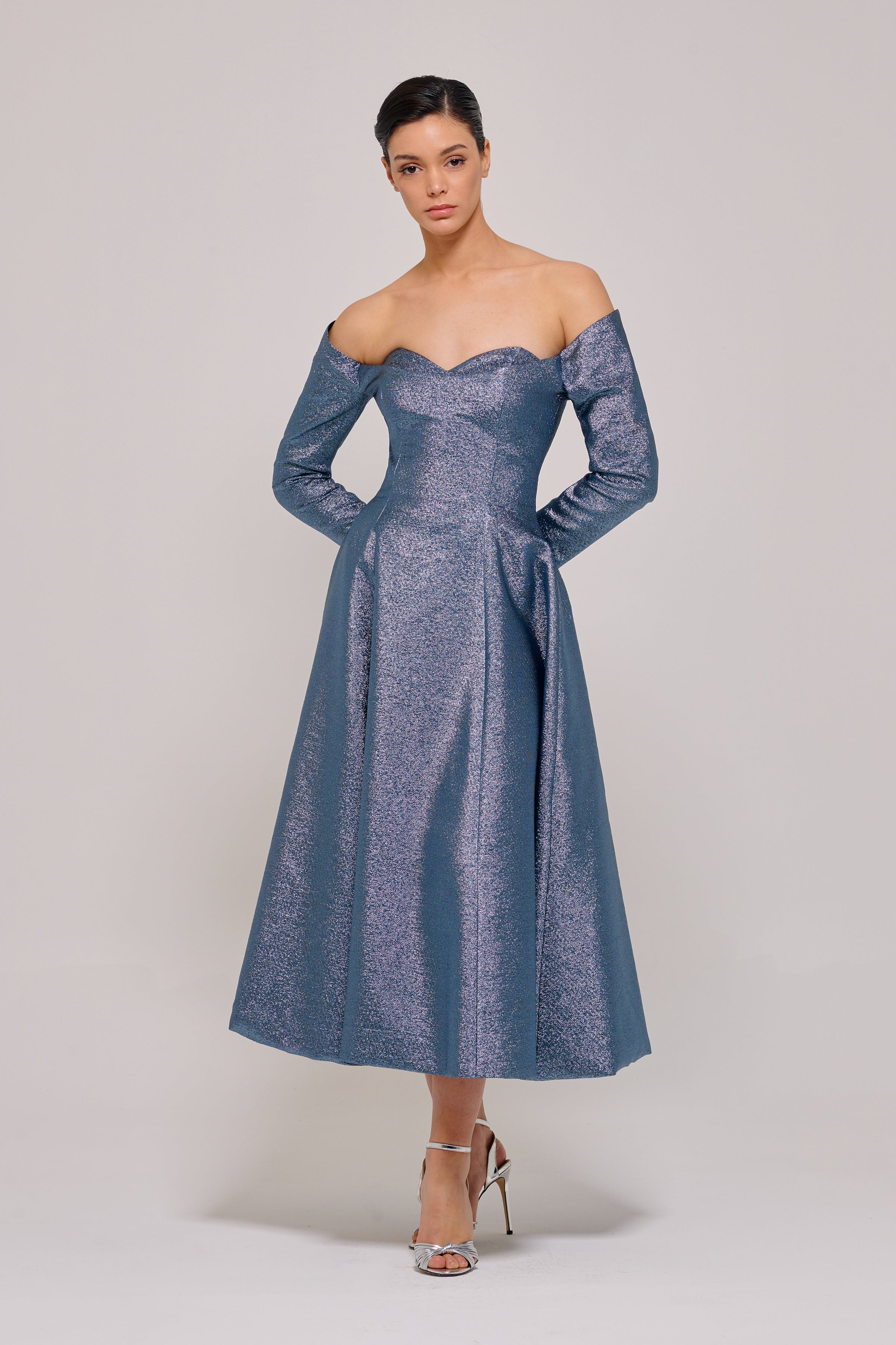 Long Sleeve Metallic Jacquard Midi Length Blue Dress – John Paul
