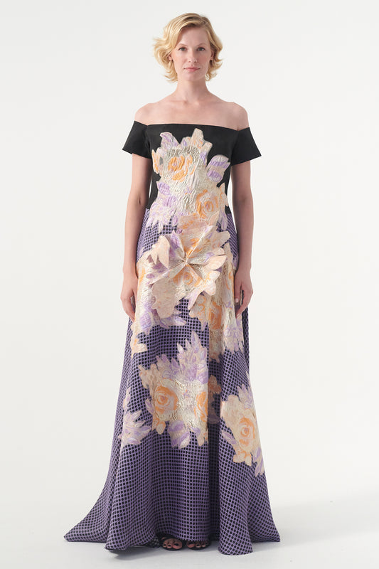 Draped Organza Sleeve Jacquard Long Dress With Flower Applique