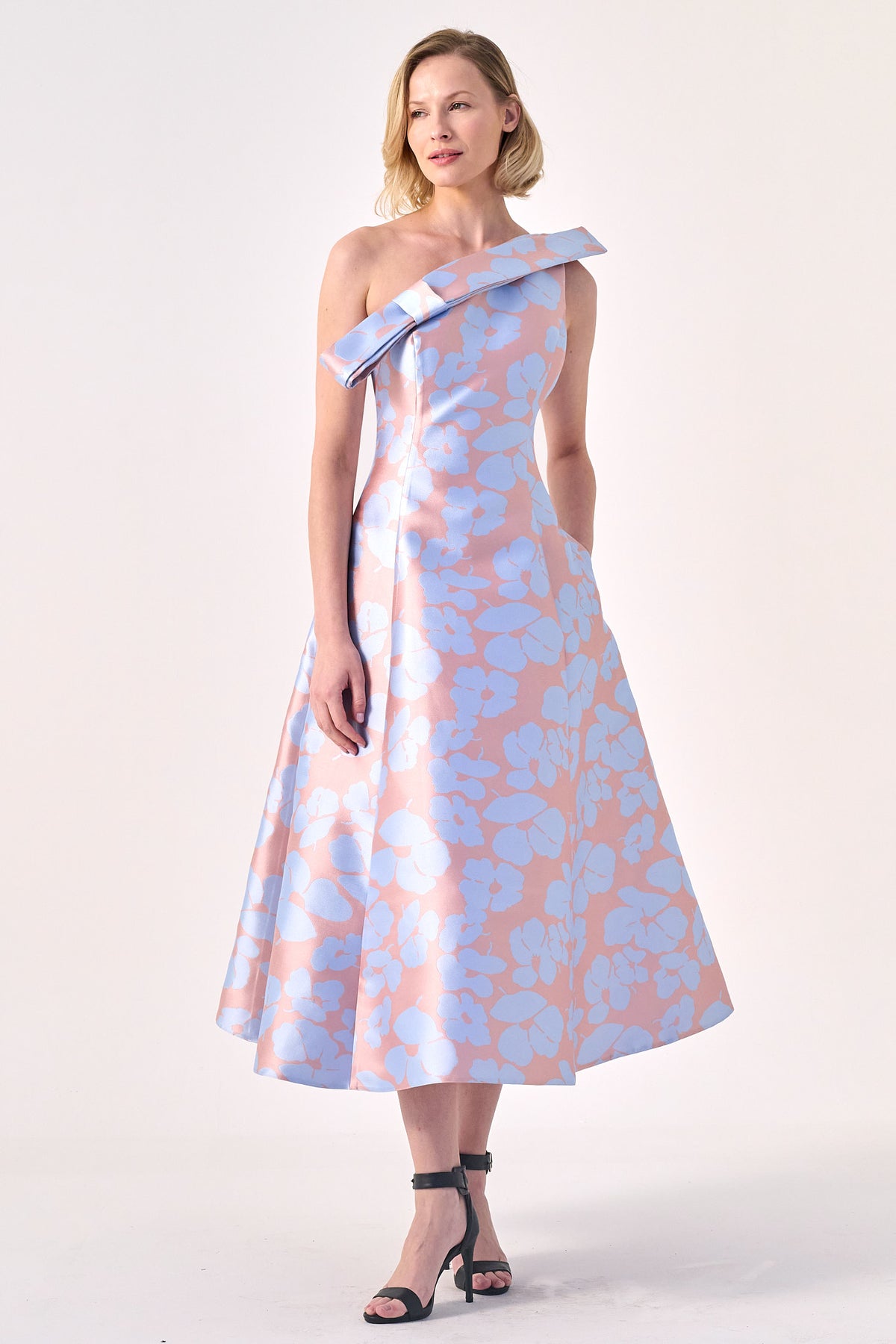 Sculpted Elegance: The Asymmetric Floral Midi Dress