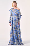 Asymmetrical Off-Shoulder Gown With Textured Print