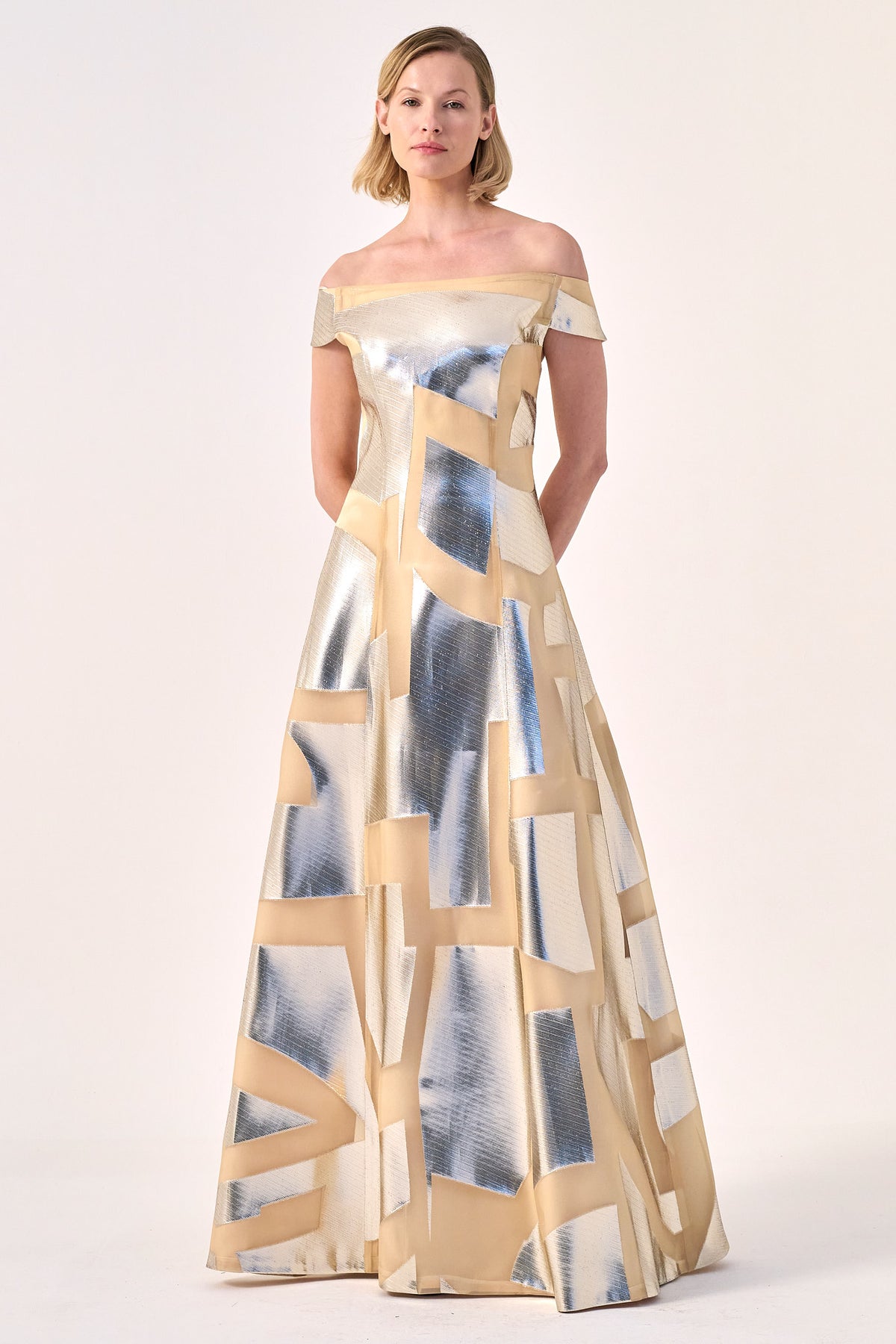 Contemporary Grace: The Off-Shoulder Geometric Gown