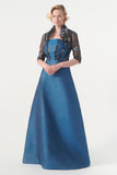 Strapless A-line full-length brocade gown with sheer bolero