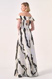 Sculptural Elegance: Off-Shoulder Gown with Flowing Abstract Accents