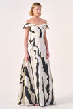 Sculptural Elegance: Off-Shoulder Gown with Flowing Abstract Accents