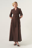 Double-breasted long-sleeve tie belt detail A-line soft brocade coat