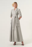 Double-breasted long-sleeve tie belt detail A-line soft brocade coat