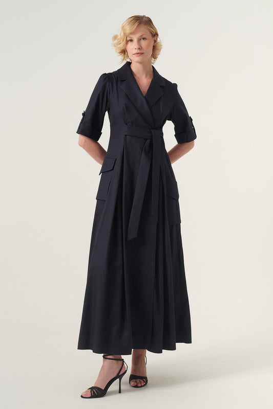 Double-breasted long-sleeve tie belt detail A-line soft brocade coat