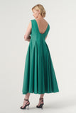 Scoop Neck, Open Back, Asymmetric Hem With Slit Detail Fit And Flare Midi Length Dress