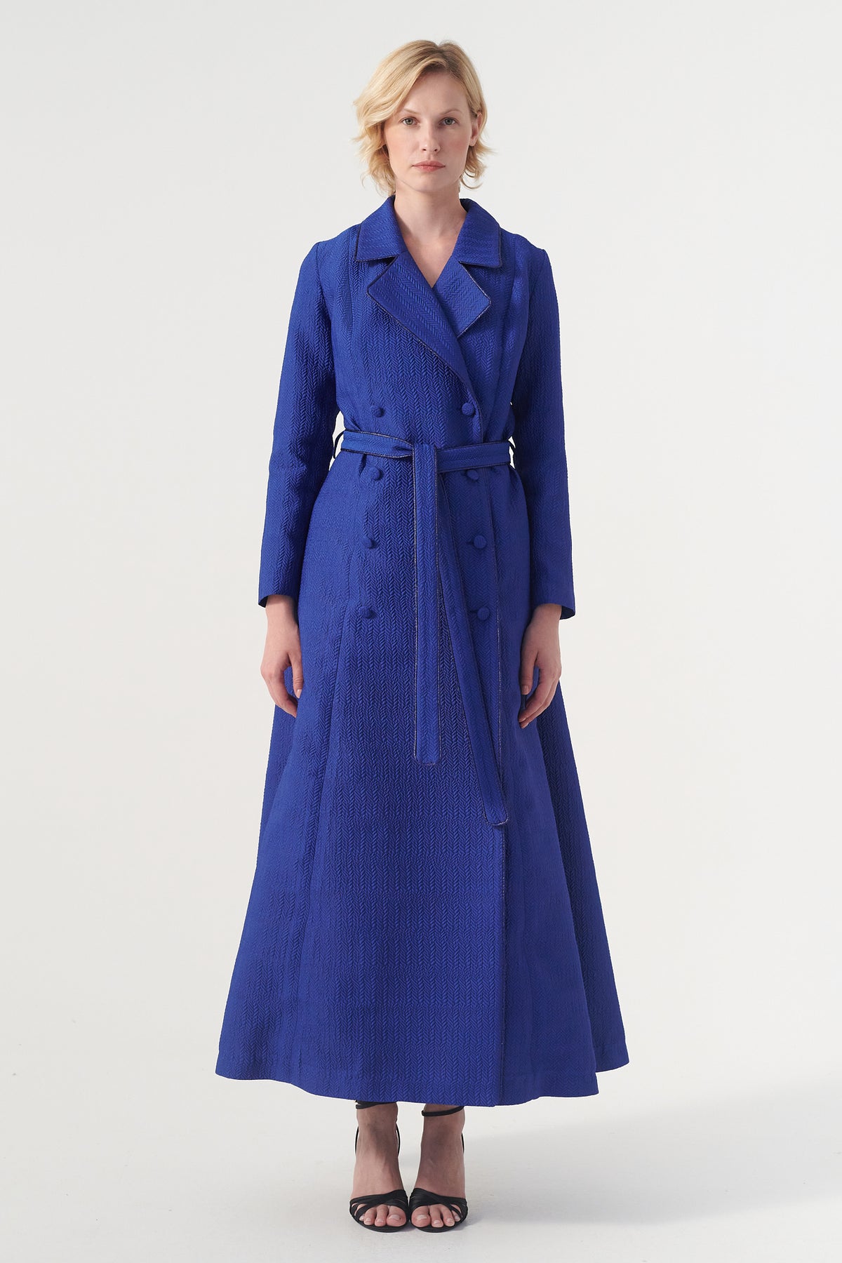 Double-breasted long-sleeve tie belt detail A-line soft brocade coat