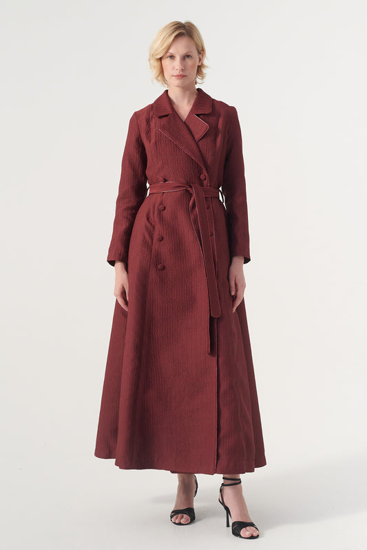 Double-breasted long-sleeve tie belt detail A-line soft brocade coat