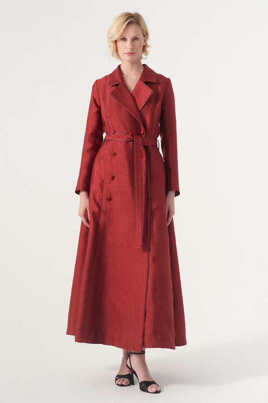 Double-breasted long-sleeve tie belt detail A-line soft brocade coat