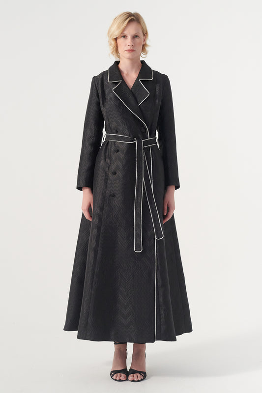 Double-breasted long-sleeve tie belt detail A-line soft brocade coat