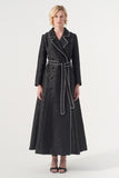 Double-breasted long-sleeve tie belt detail A-line soft brocade coat