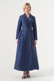 Double-breasted long-sleeve tie belt detail A-line soft brocade coat