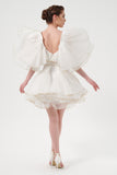 Pleated Tulle Sleeve Hand-Made Flower Bodice Mini Puffy Dress