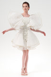 Pleated Tulle Sleeve Hand-Made Flower Bodice Mini Puffy Dress