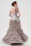 Square neckline, low waist ruffled layers long gown