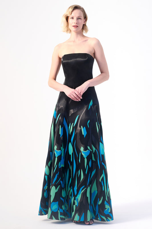 Strapless Black Gown with Vibrant Green and Blue Accents