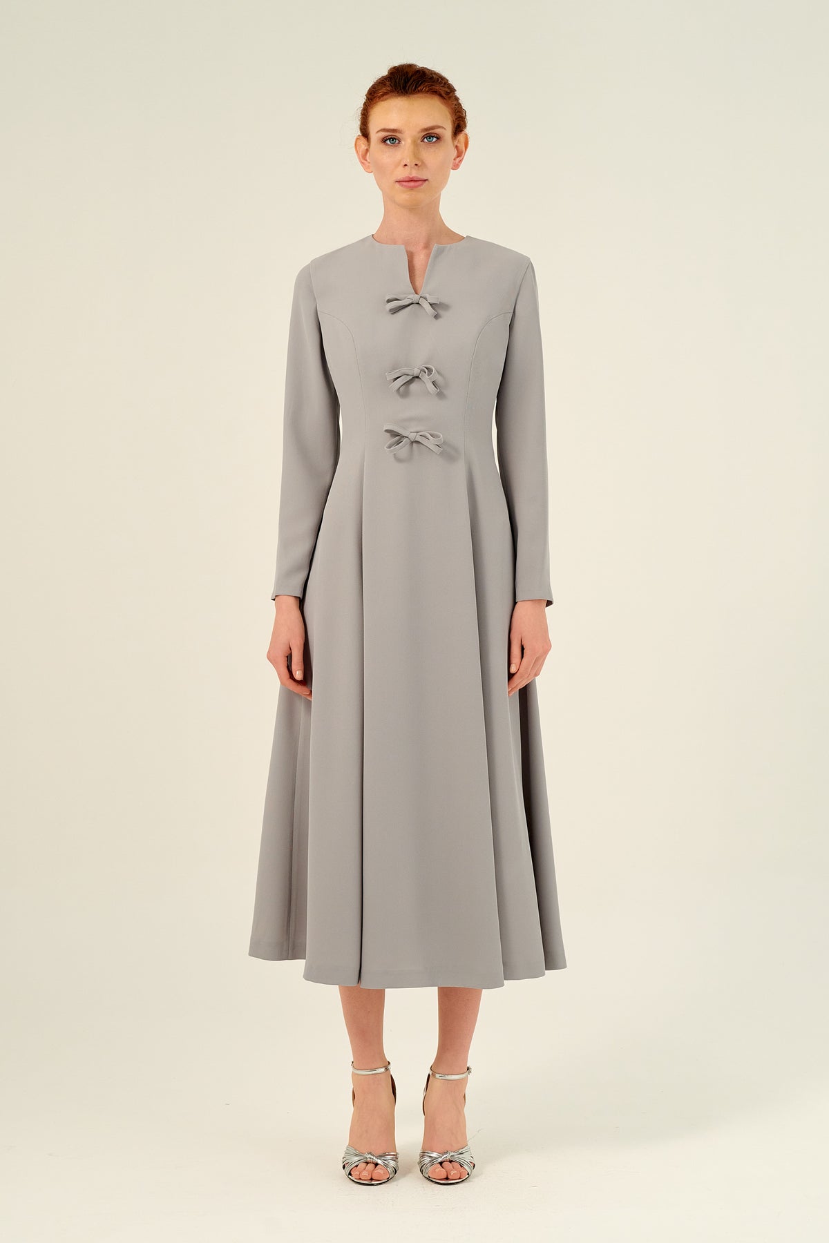 Long Sleeves Triple Bow Details A-Line Midi Length Dress