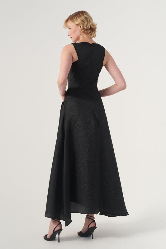 Scoop Neck Self-Belted Fluffy Midi Length Gown