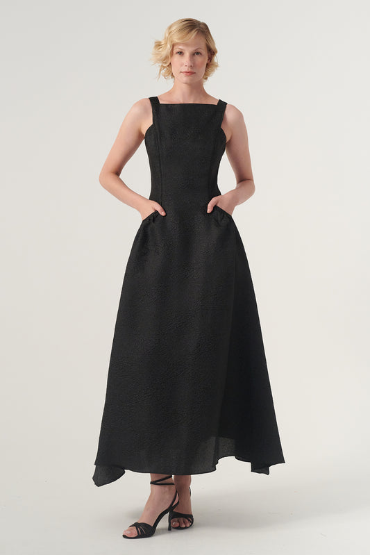 Scoop Neck Self-Belted Fluffy Midi Length Gown