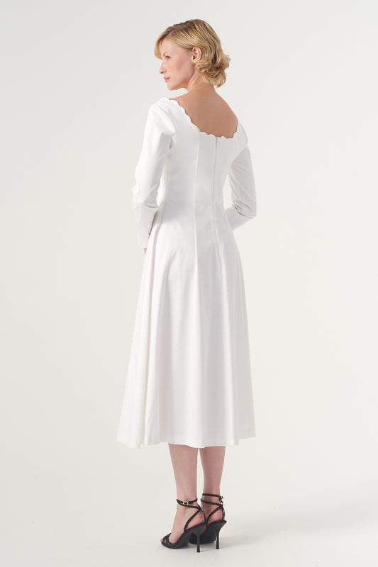 The Square-Neck Long-Sleeve Scroll Tea-Length Soft Woven Dress