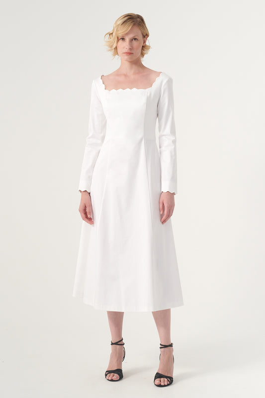 The Square-Neck Long-Sleeve Scroll Tea-Length Soft Woven Dress