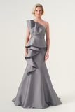 Strapless neck layered peplum detail, long mermaid gown