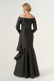 Portrait neckline pleated bodice long-sleeve floor-length gown