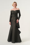 Portrait neckline pleated bodice long-sleeve floor-length gown