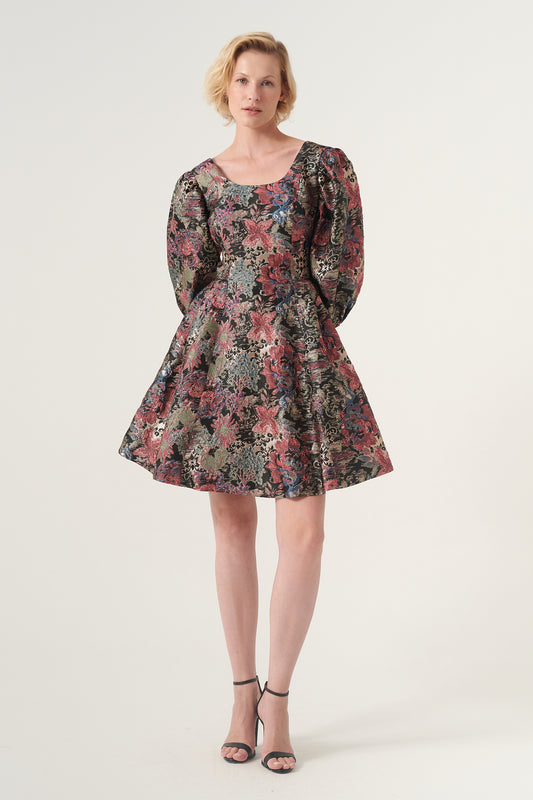 Long sleeve square neckline floral jacquard short dress