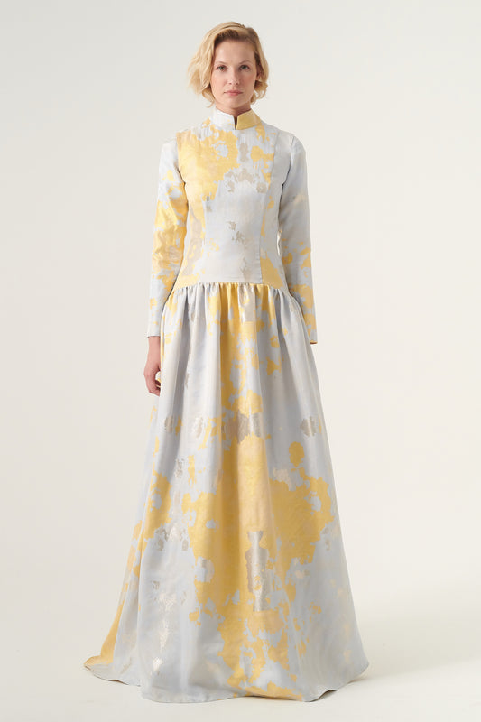 High neck, long sleeve floor length patterned brocade dress