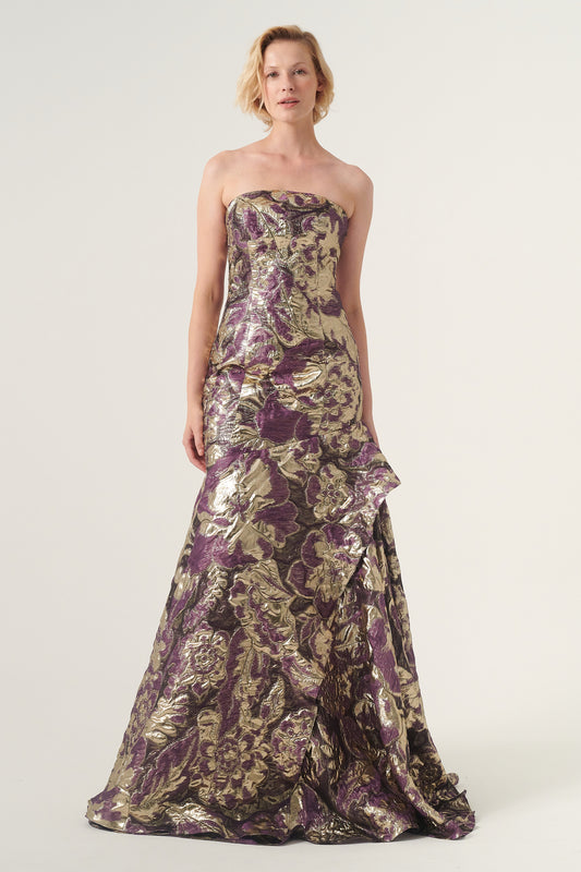 strapless floral jacquard long dress