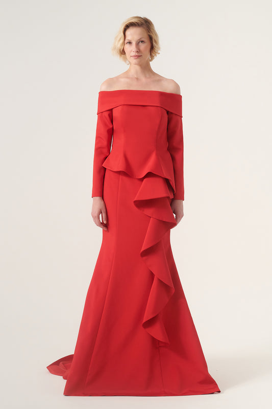 Ruffled Off-The-Shoulder Floor-Length Evening Gown