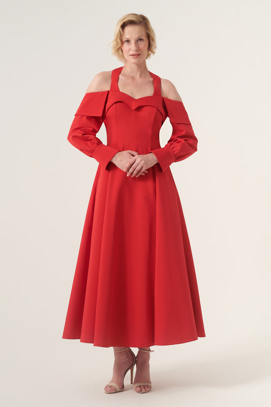 Paneled Cut-Out Shoulder Fit and Flare Ankle length Dress with Long Sleeves