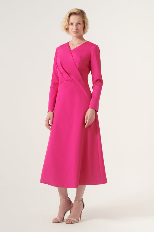 V-neck long-sleeve A-line midi length dress