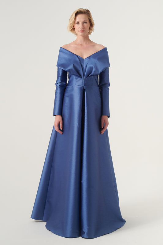 Portrait collar long-sleeve floor-length ball gown