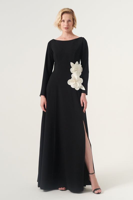 Boat neckline long-sleeved  three-dimensional floral long gown