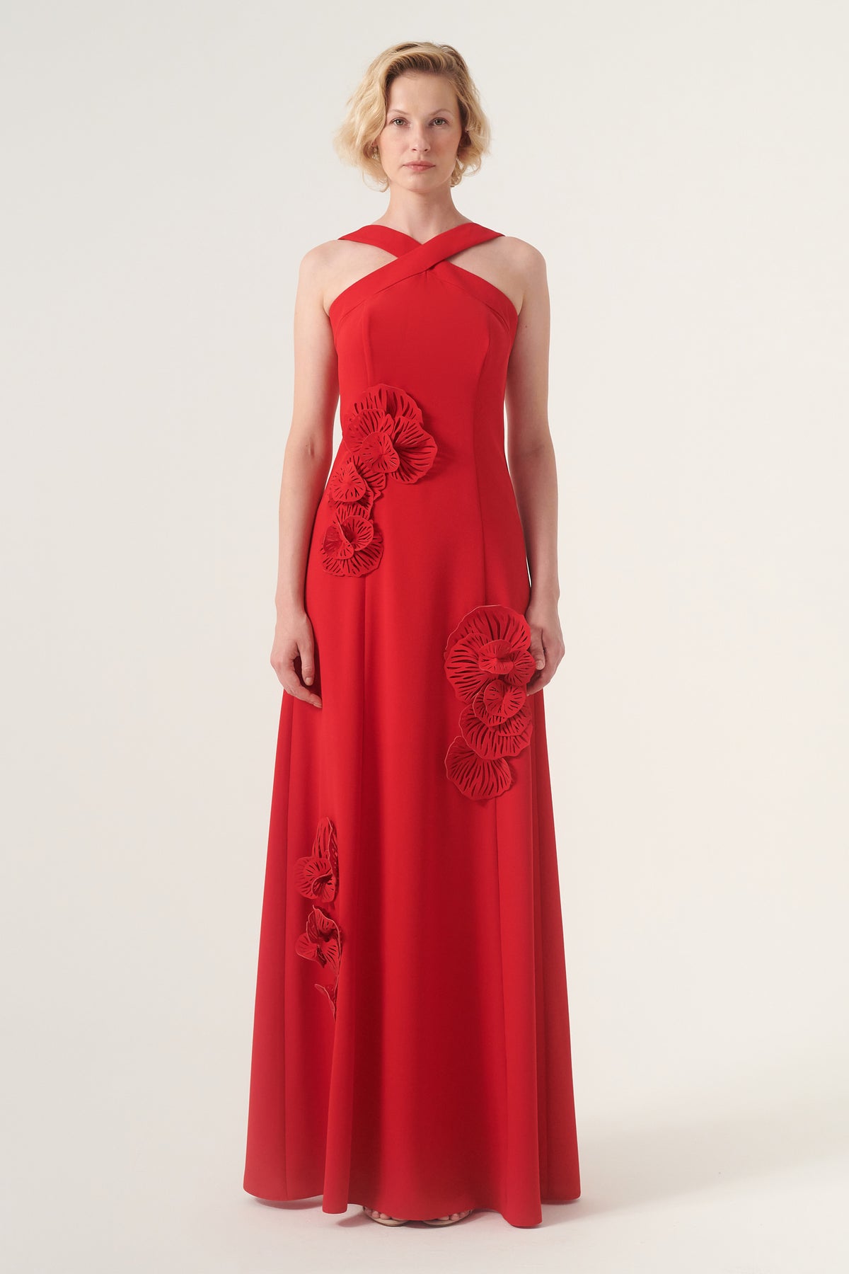 Crossover neckline laser-cut flower details long dress