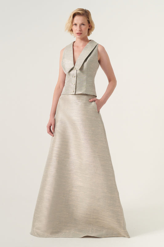 Linen look metallic jacquard suit, Chelsea collar vest, and skirt