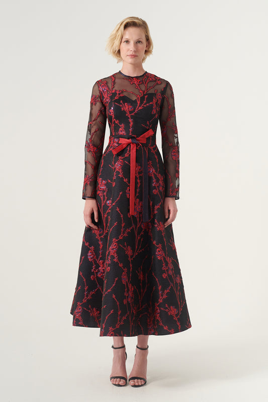 Floral organza round neckline long sleeve midi dress