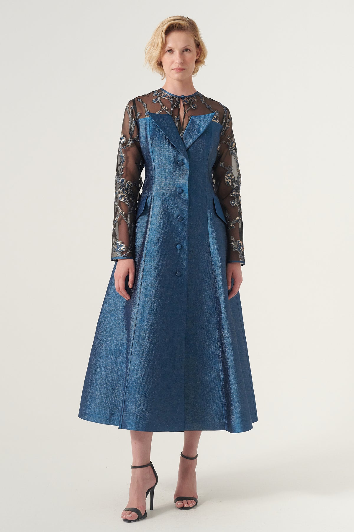 Floral organza circle collar and long sleeves A-line midi dress