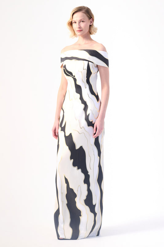 Off-Shoulder Abstract Evening Gown