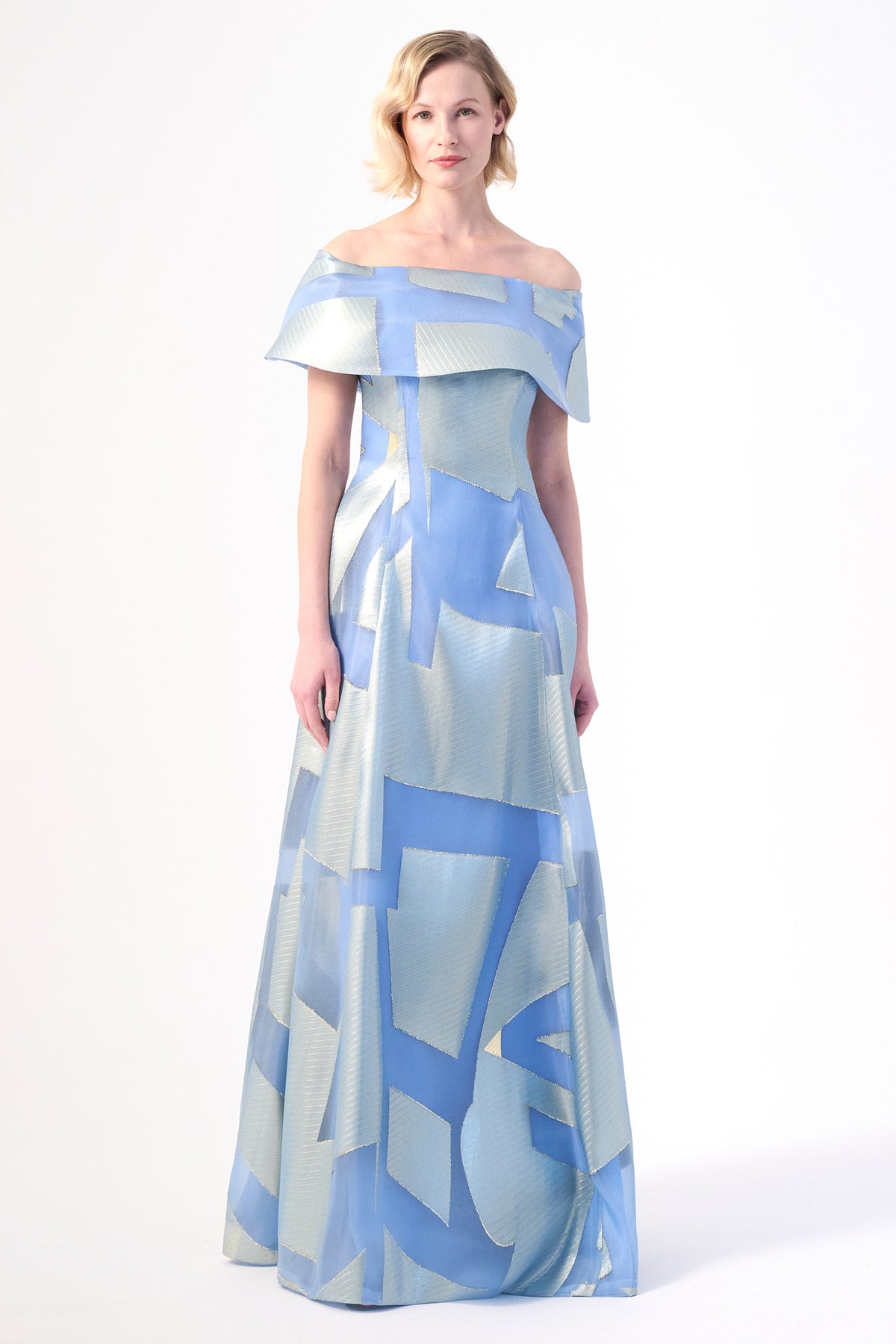 Abstract Blue Off-the-Shoulder Gown