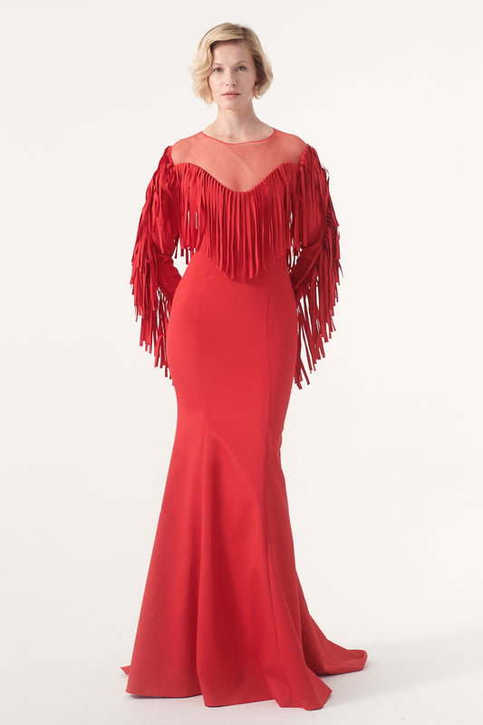 Laser Cut Fringe Detailed Long Dress