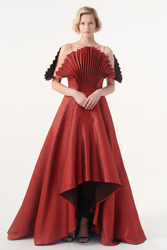 Pleated Metallic Taffeta Ball Gown