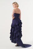 Strapless Neckline Layered Ruffled Asymmetric Dress