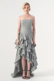 Strapless Neckline Layered Ruffled Asymmetric Dress