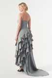 Strapless Neckline Layered Ruffled Asymmetric Dress